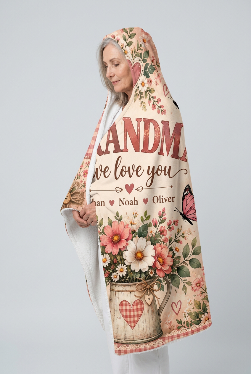 Mockup chăn có mũ Grandma We Love You