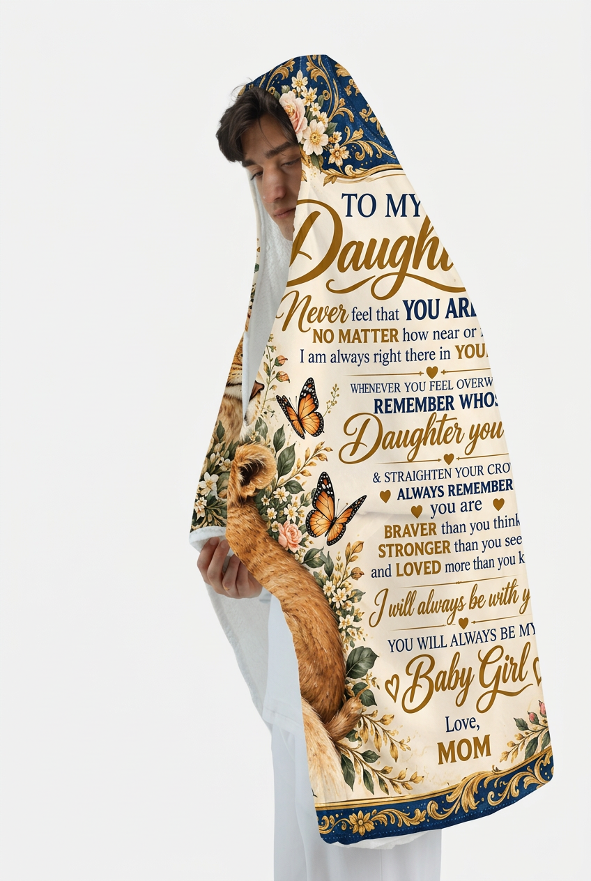 Mockup chăn có mũ To My Daughter với sư tử mẹ và con