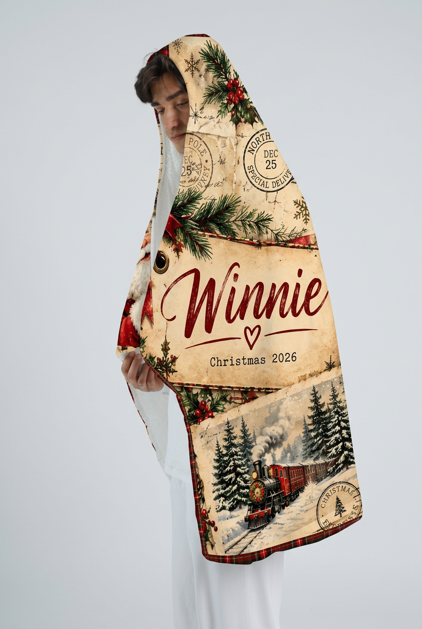 Mockup chăn có mũ Vintage Christmas Postcard
