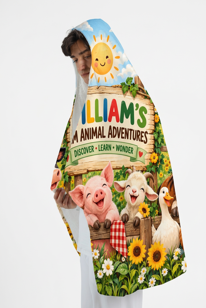 Mockup chăn có mũ William’s Farm Animal Adventures