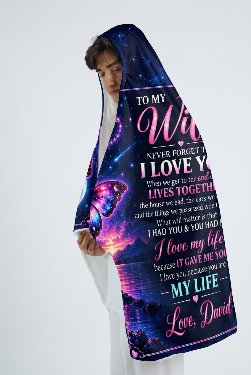 Mockup chăn choàng To My Wife với thiết kế bướm galaxy