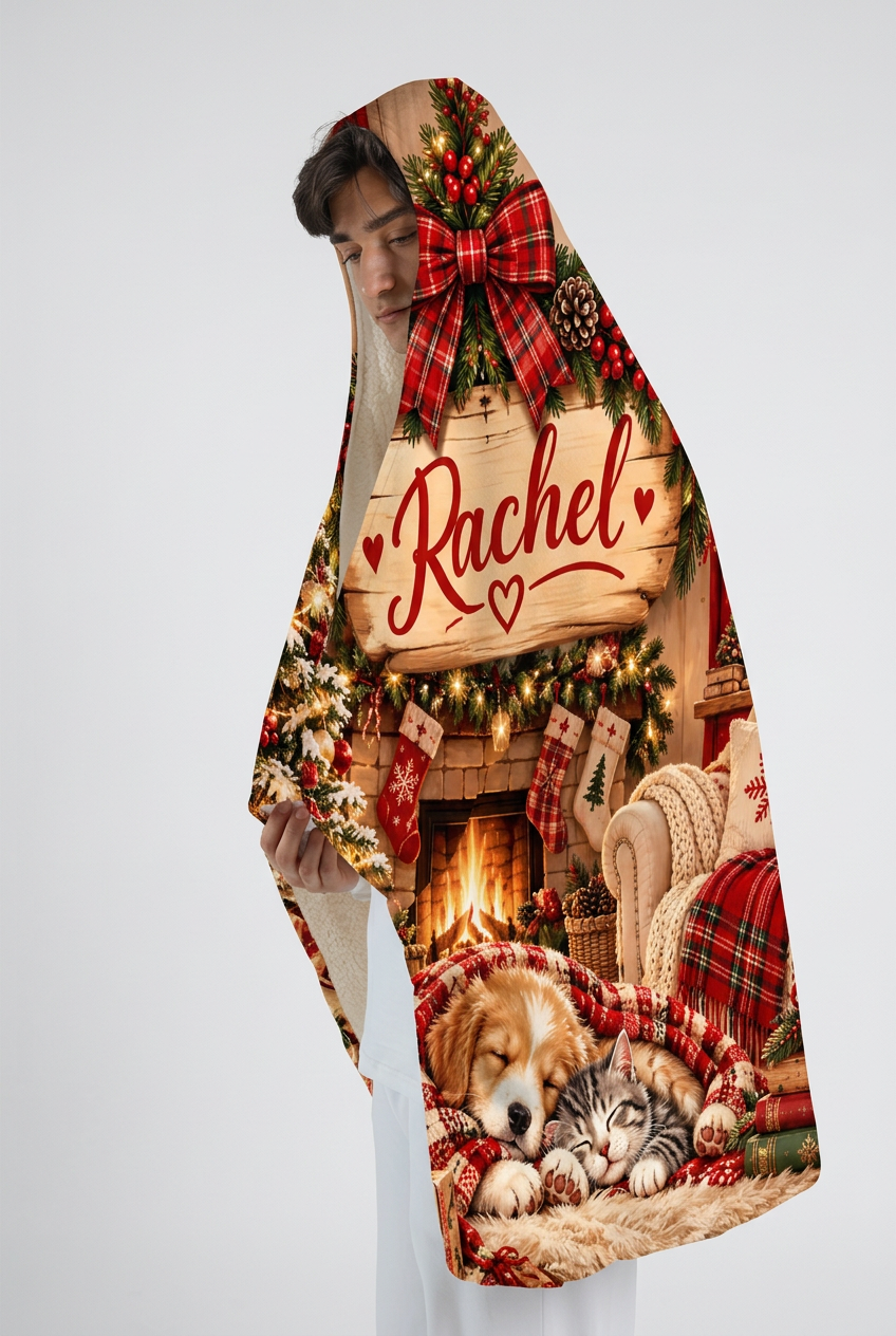 Mockup chăn Giáng sinh Rachel với chó mèo ngủ