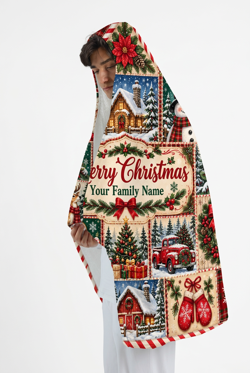 Mockup chăn trùm đầu patchwork Merry Christmas