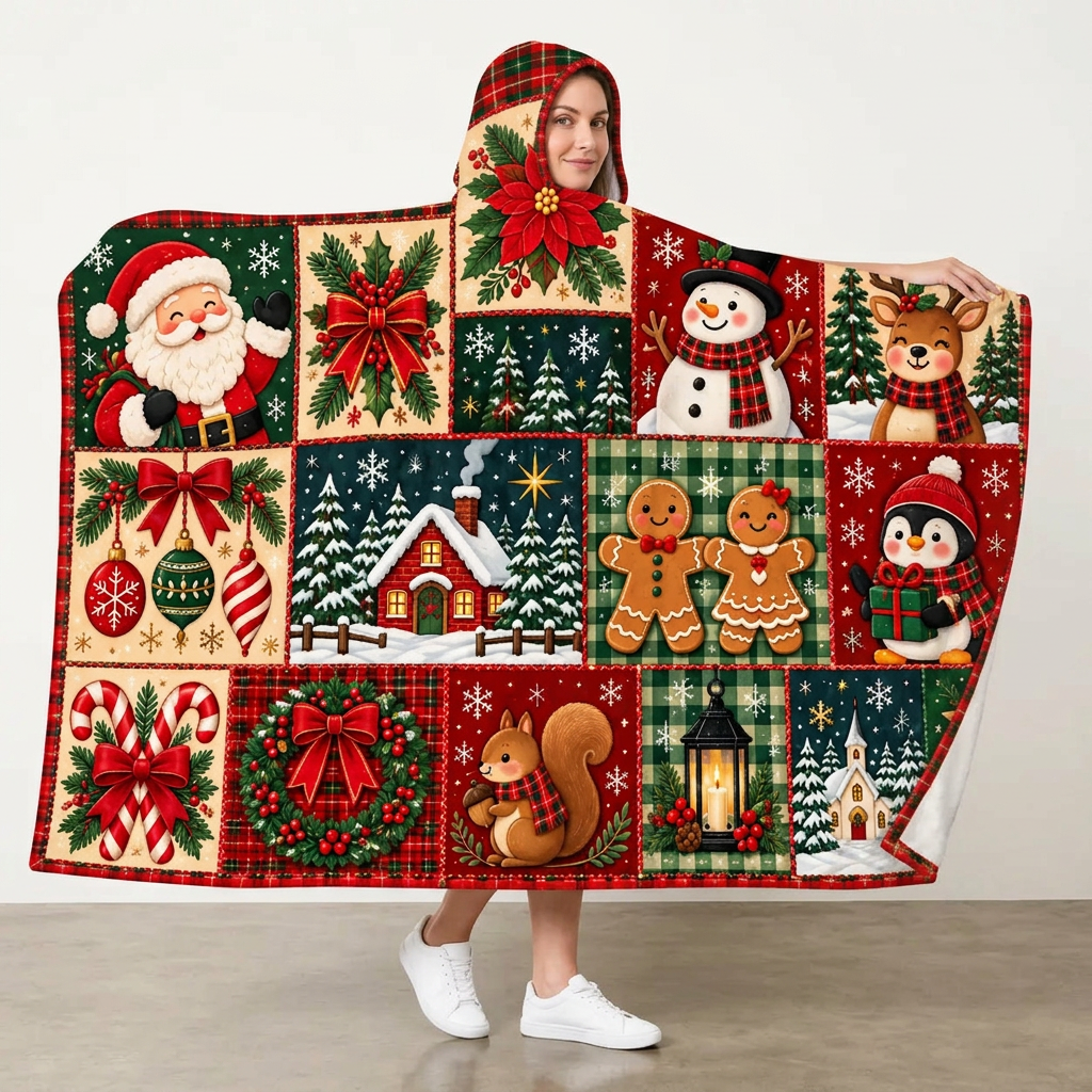 Mockup mẫu nữ mặc Hooded Blanket góc nghiêng 1/4, yêu cầu 1024 × 1024 px
