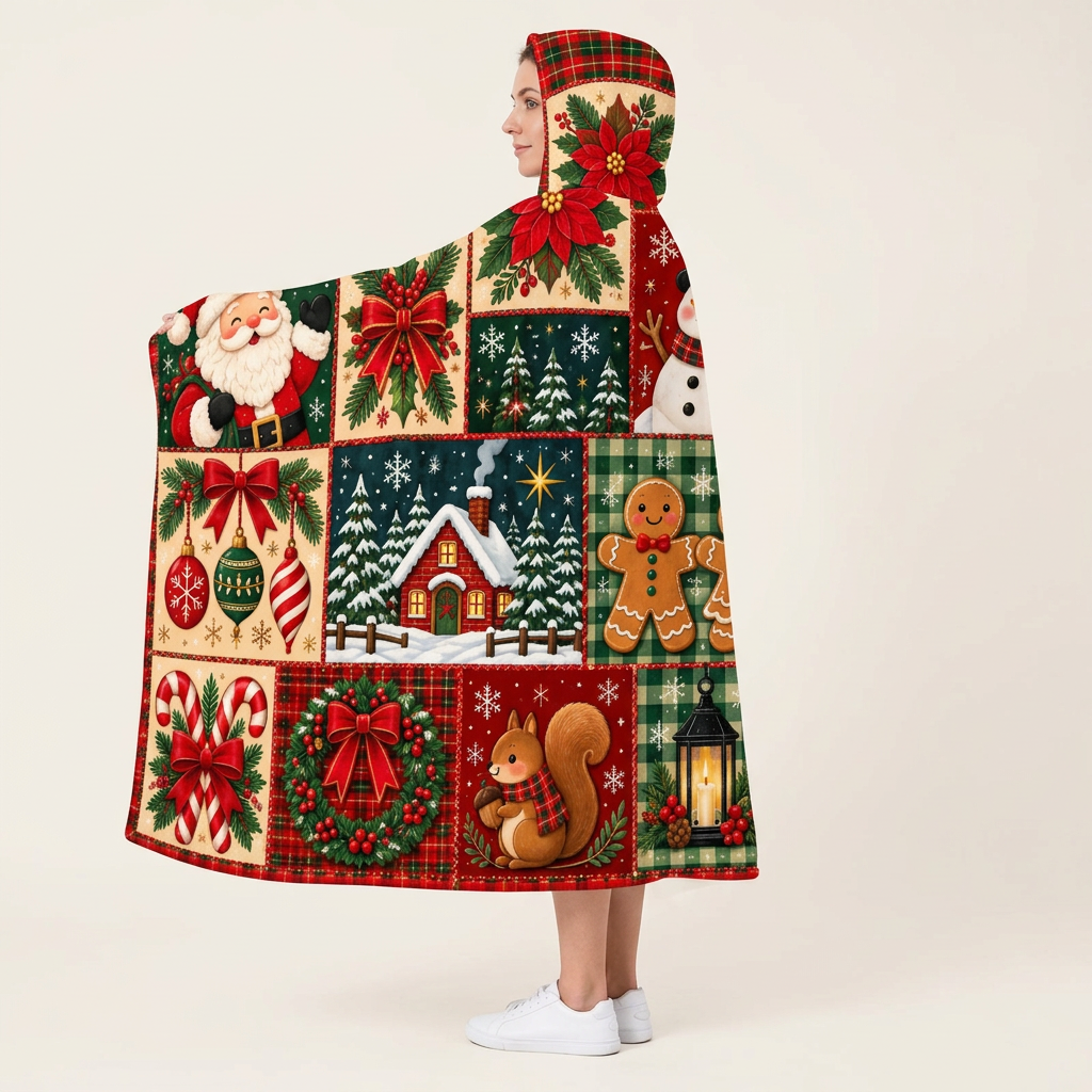 Mockup mẫu nữ mặc Hooded Blanket góc nghiêng 3/4