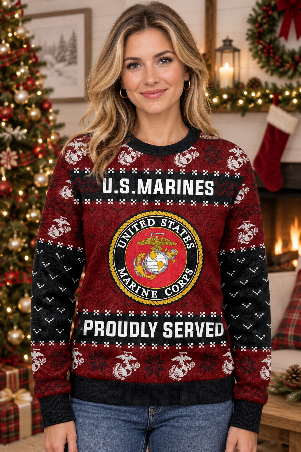 Mockup mẫu nữ mặc áo U.S. Marines Proudly Served