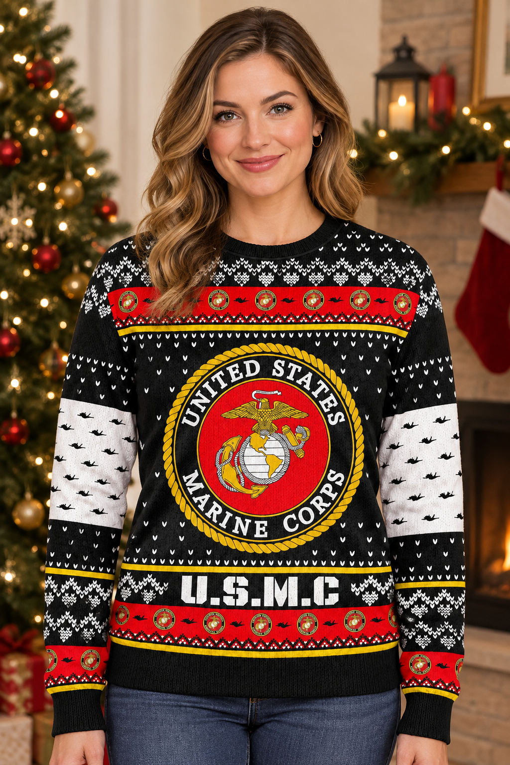 Mockup mẫu nữ mặc áo United States Marines Corps