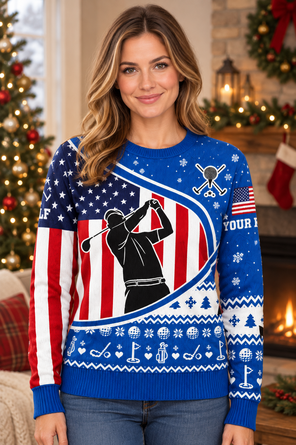 Mockup mẫu nữ mặc áo USA Flag Golf