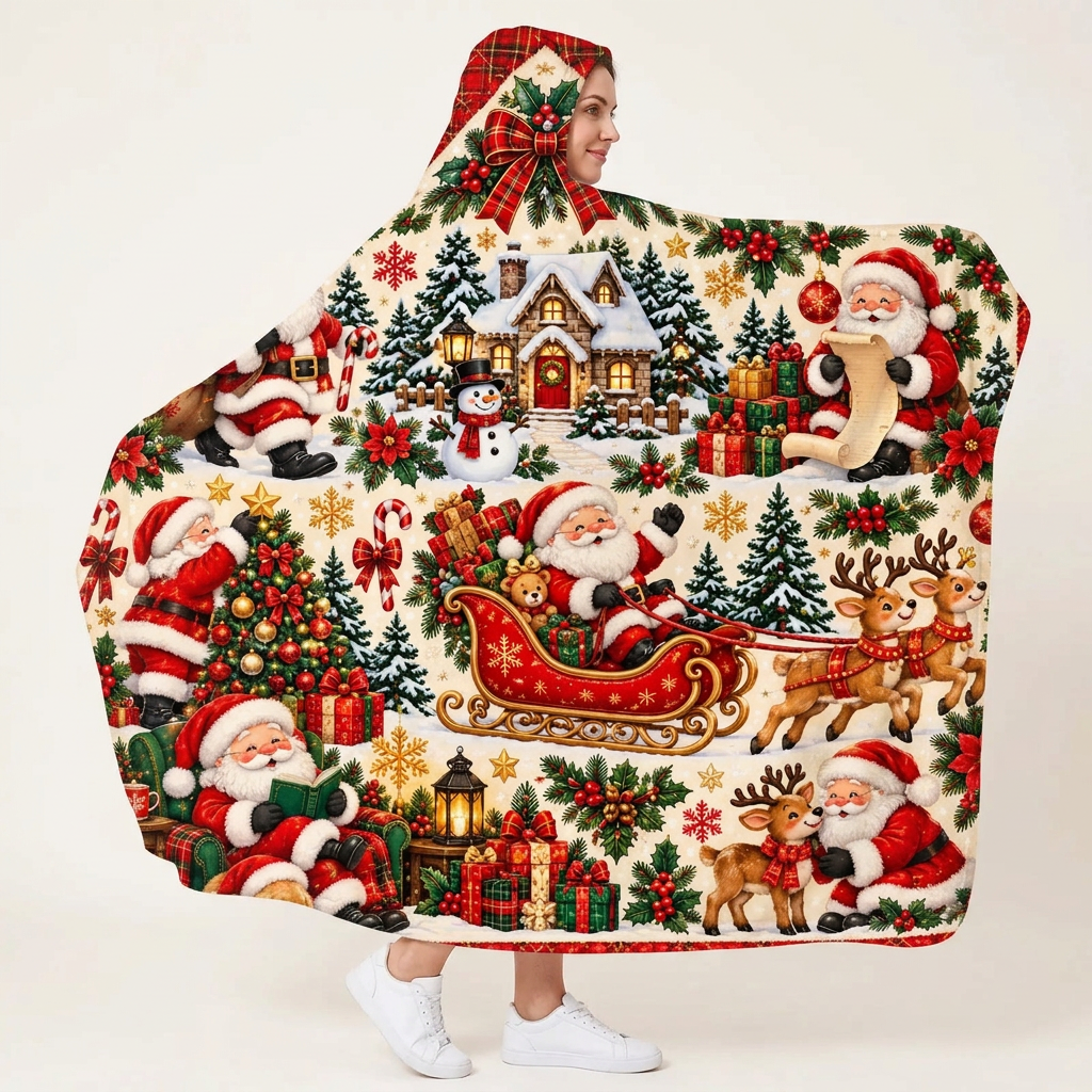Mockup mẫu nữ mặc Vintage Santa Hooded Blanket góc nghiêng 2/4
