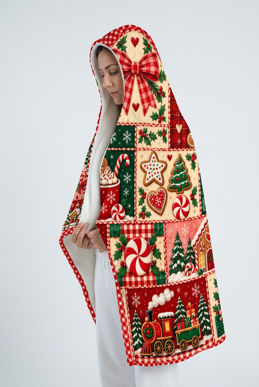 Mockup mẫu nữ quấn Hooded Blanket theo tư thế ảnh tham khảo