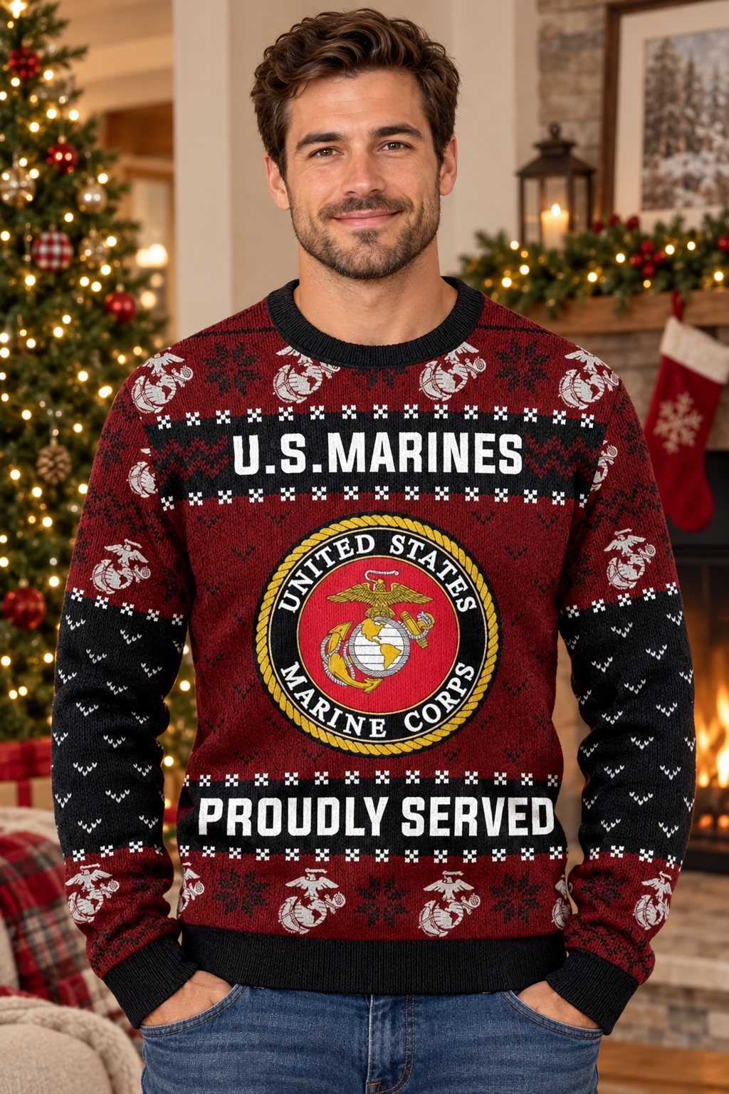 Mockup mẫu nam mặc áo U.S. Marines Proudly Served