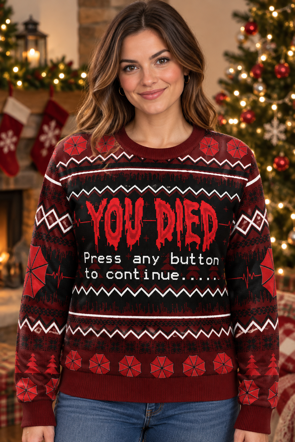 Mockup nữ người Mỹ mặc áo sweater Resident Evil You Died