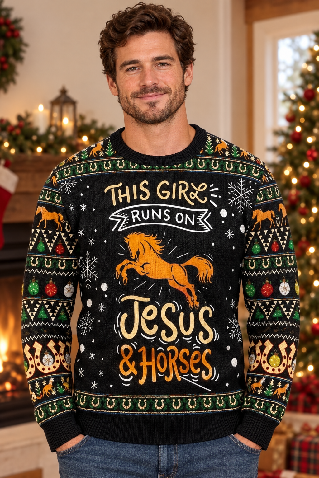 Mockup nam mặc áo len "Jesus And Horses"