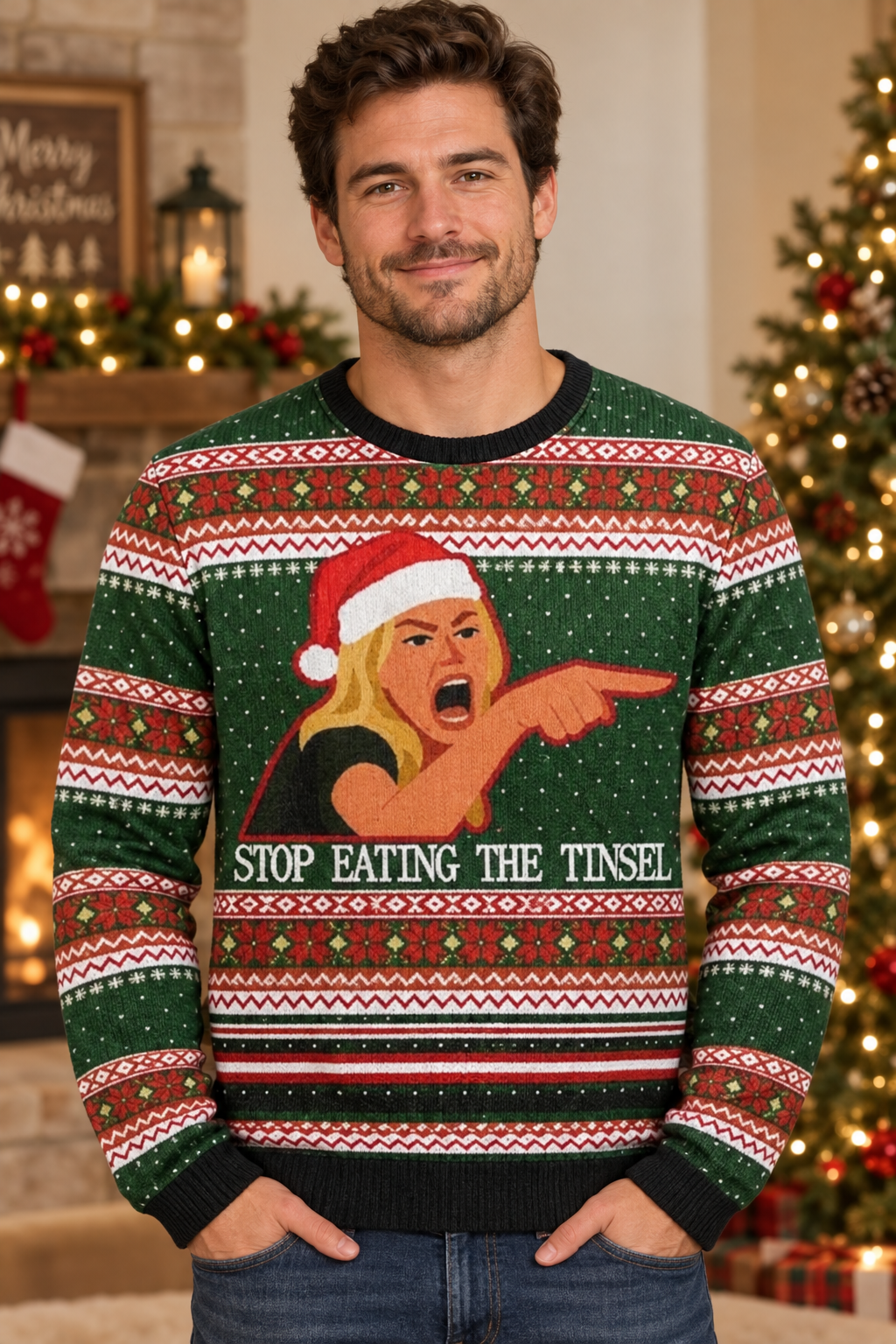 Mockup nam mặc áo len Stop Eating The Tinsel