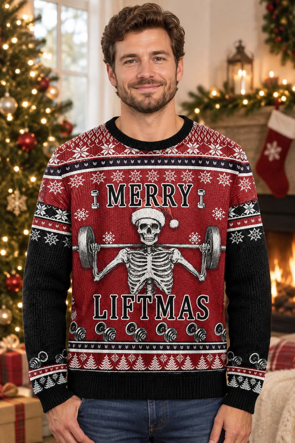 Mockup nam mặc áo Skeleton Merry Liftmas