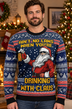 Mockup nam người Mỹ mặc áo sweater Drinking With Claus