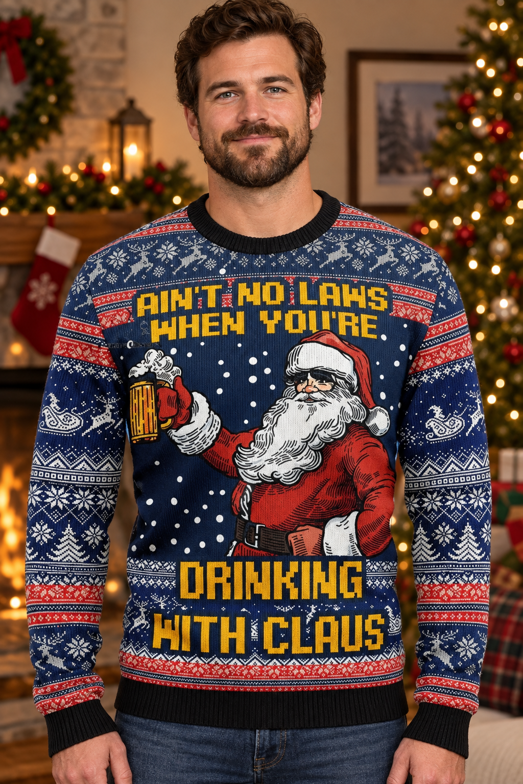 Mockup nam người Mỹ mặc áo sweater Drinking With Claus