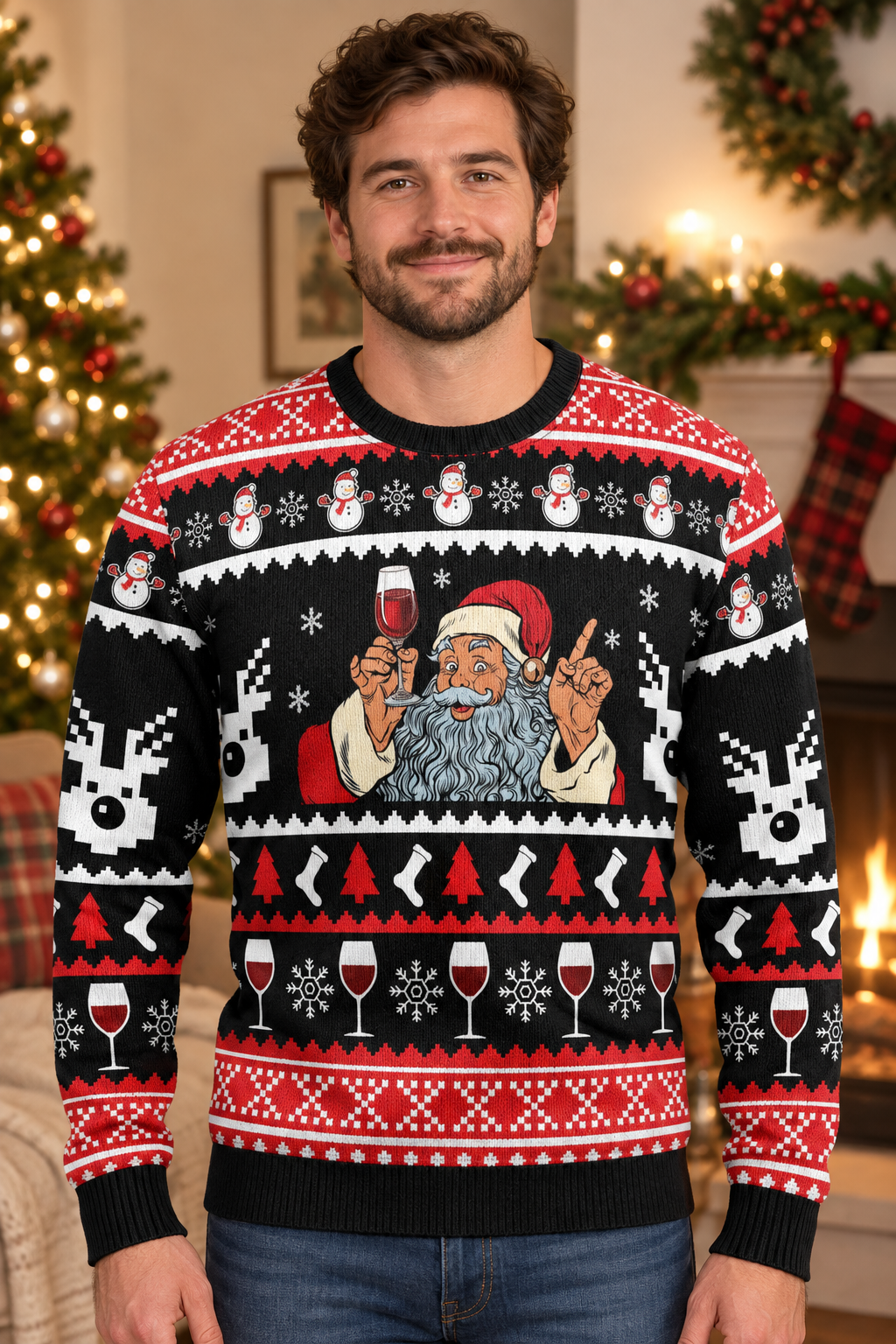 Mockup nam người Mỹ mặc áo sweater Giáng sinh