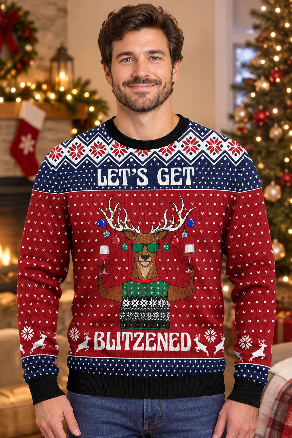 Mockup nam người Mỹ mặc áo sweater Reindeer Let's Get Blitzened