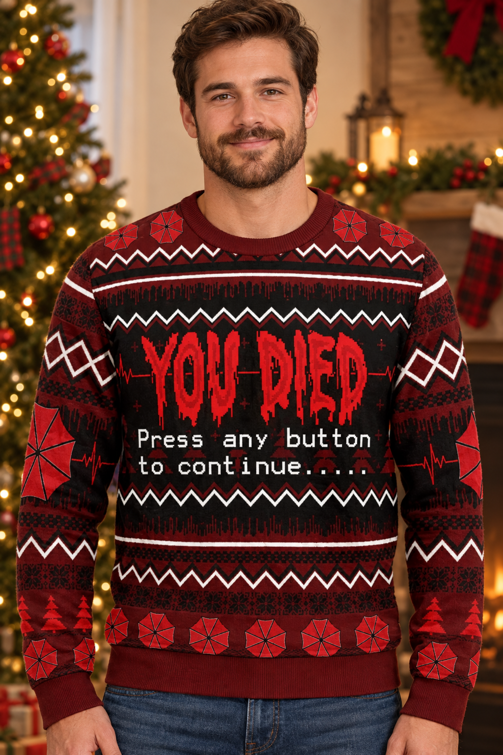 Mockup nam người Mỹ mặc áo sweater Resident Evil You Died