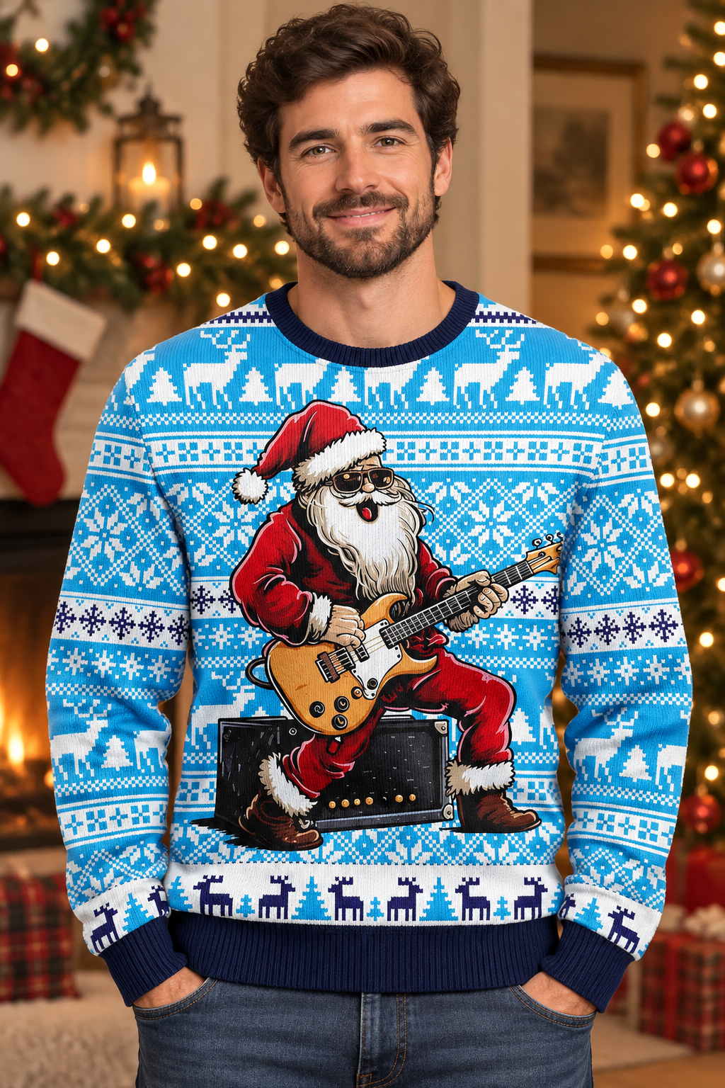 Mockup nam người Mỹ mặc áo sweater Rock Santa