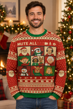 Mockup nam người Mỹ mặc áo sweater Santa Meeting Mute All