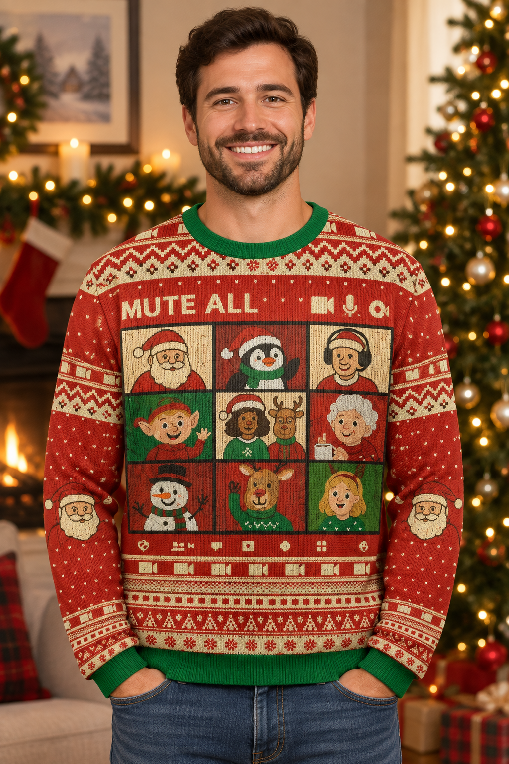 Mockup nam người Mỹ mặc áo sweater Santa Meeting Mute All