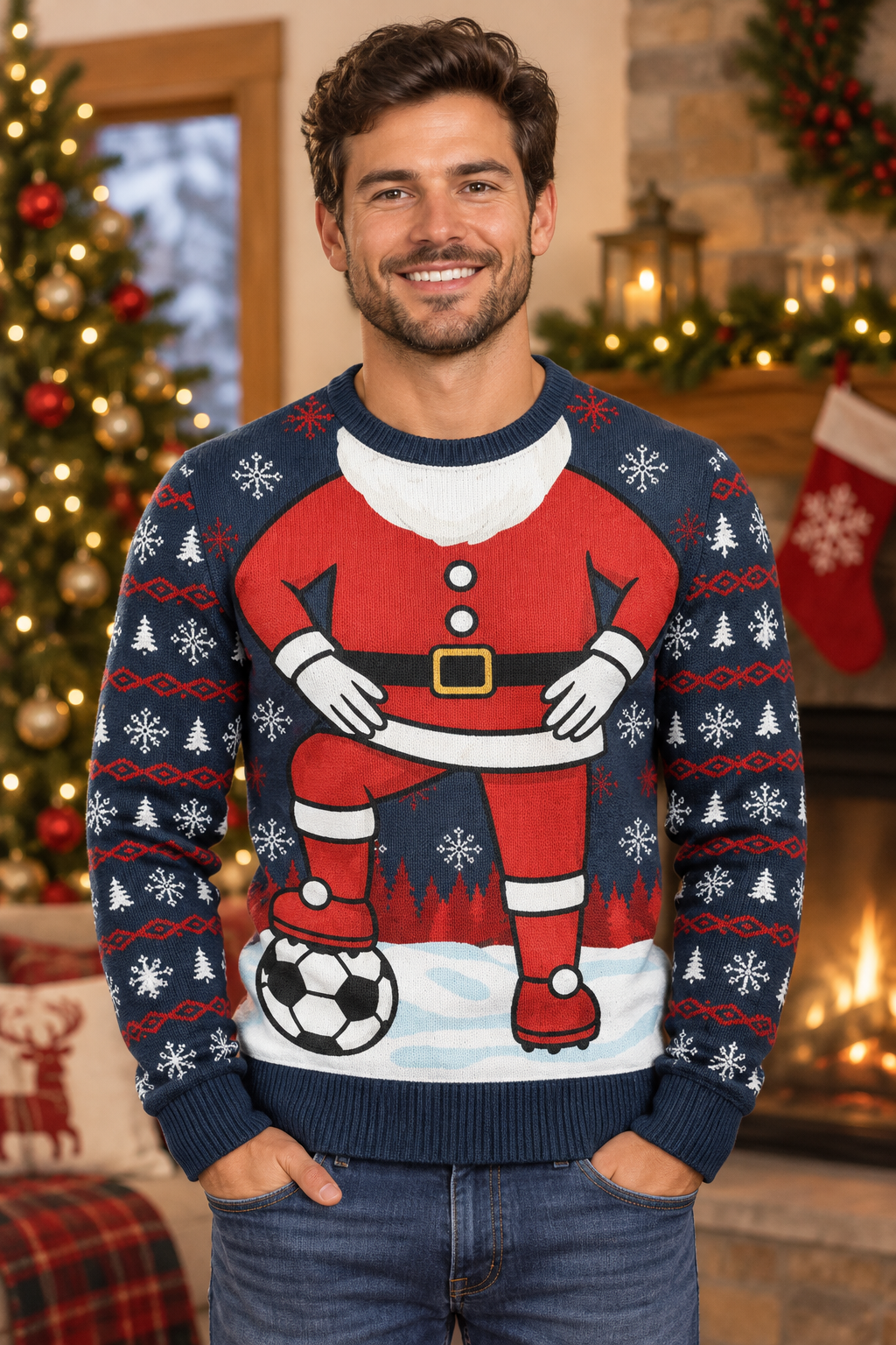 Mockup áo Santa Playing Soccer trên người mẫu nam