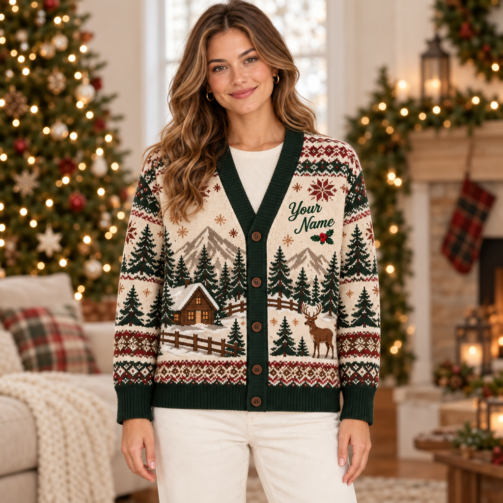 Replacement female mockup wearing the farmhouse Christmas cardigan