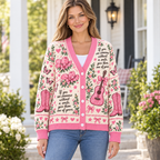 Replacement female mockup wearing the pink cowgirl cardigan