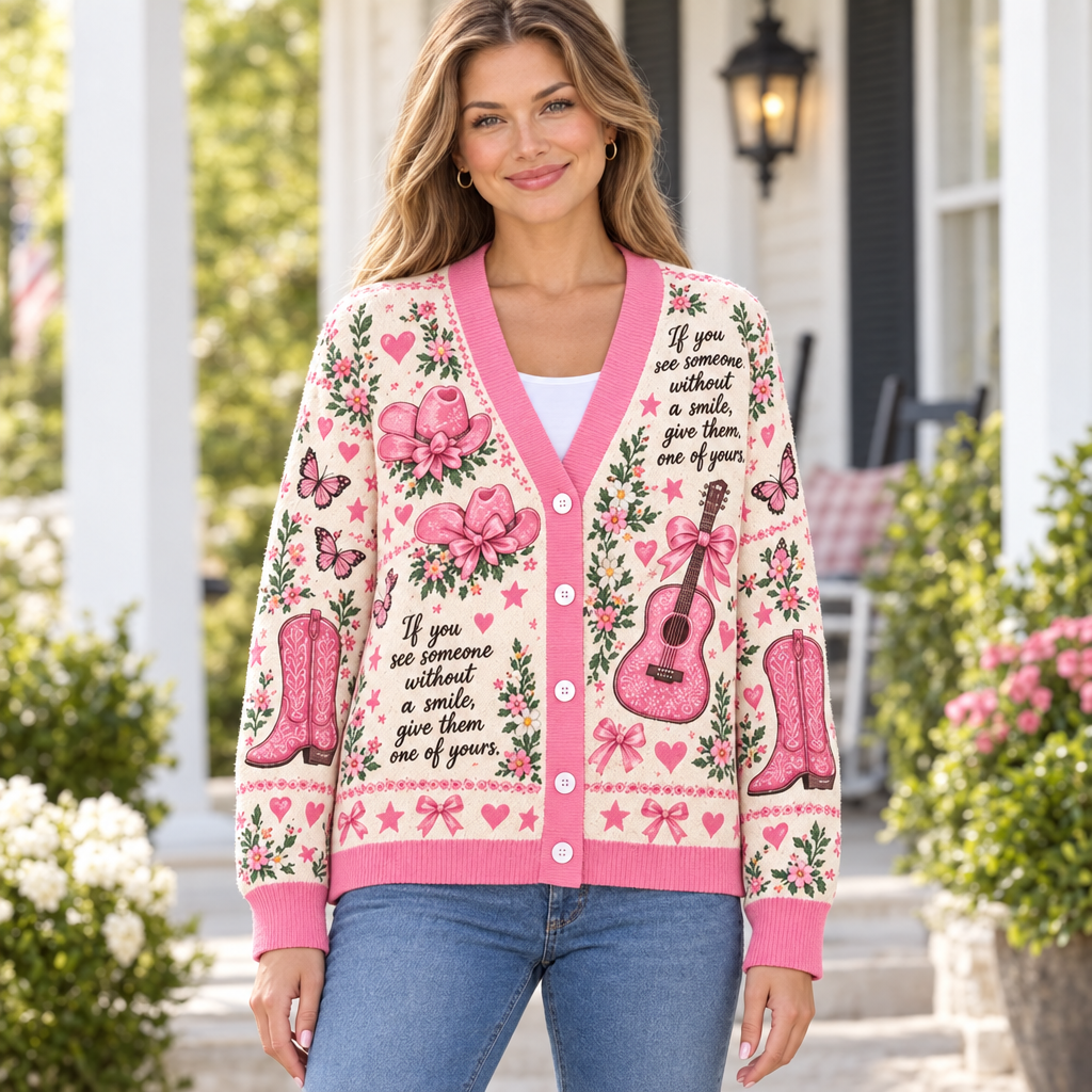 Replacement female mockup wearing the pink cowgirl cardigan