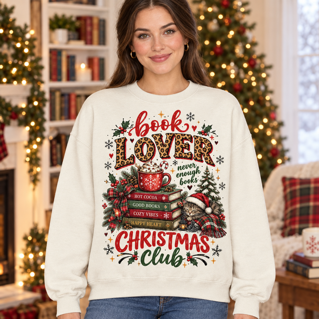 Replacement female model wearing the Book Lover Christmas Club sweatshirt