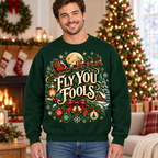 Replacement male mockup wearing the Fly You Fools Santa sweatshirt