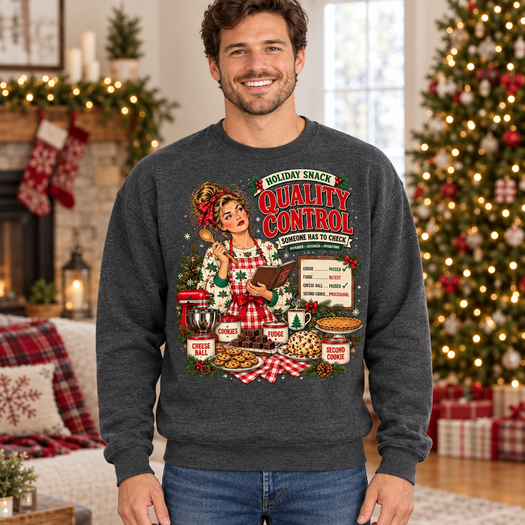 Replacement male mockup wearing the Holiday Snack Quality Control sweatshirt