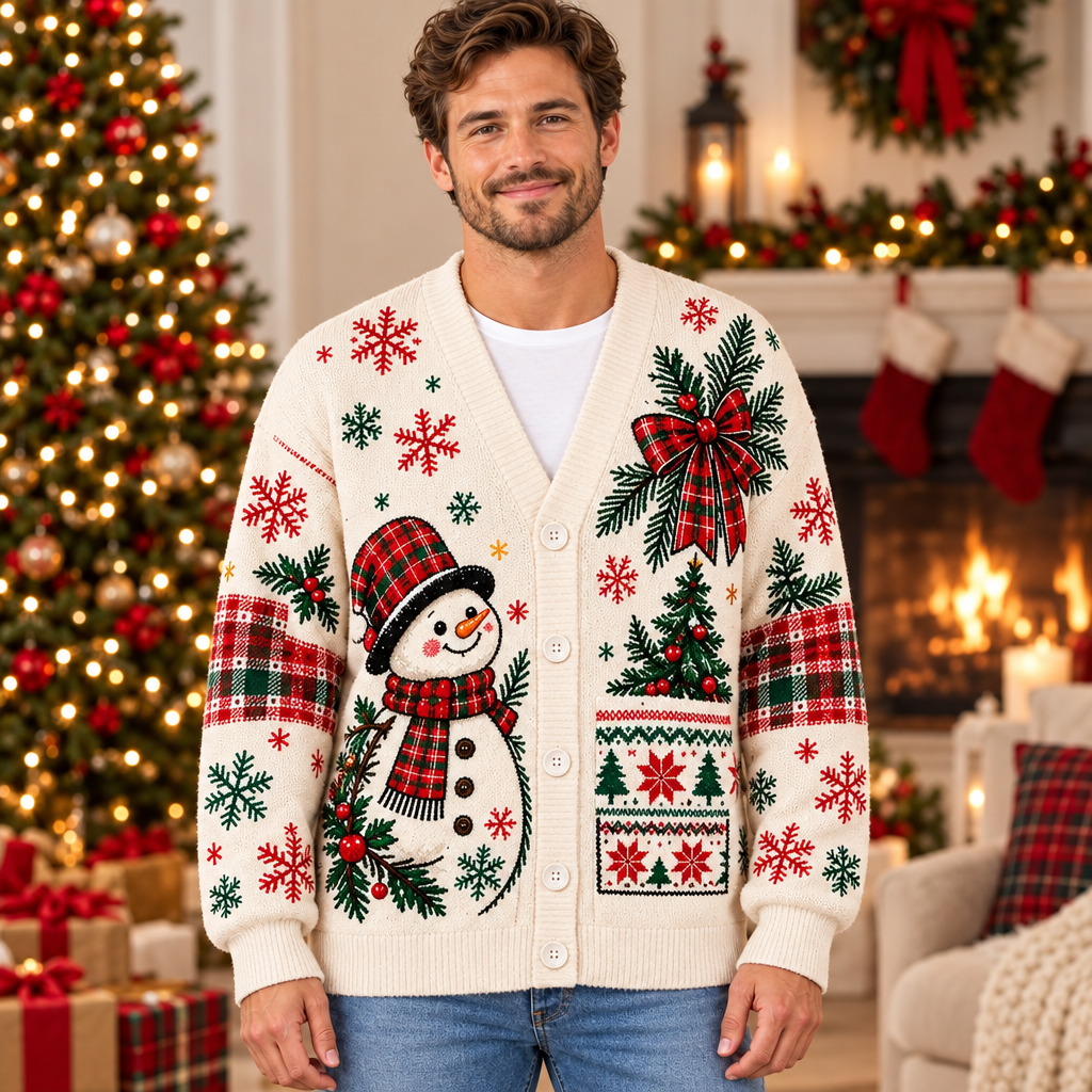 Replacement male mockup wearing the snowman and bow cardigan