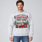 Replacement male model wearing the Saint Nick’s Christmas Tree Farm sweatshirt