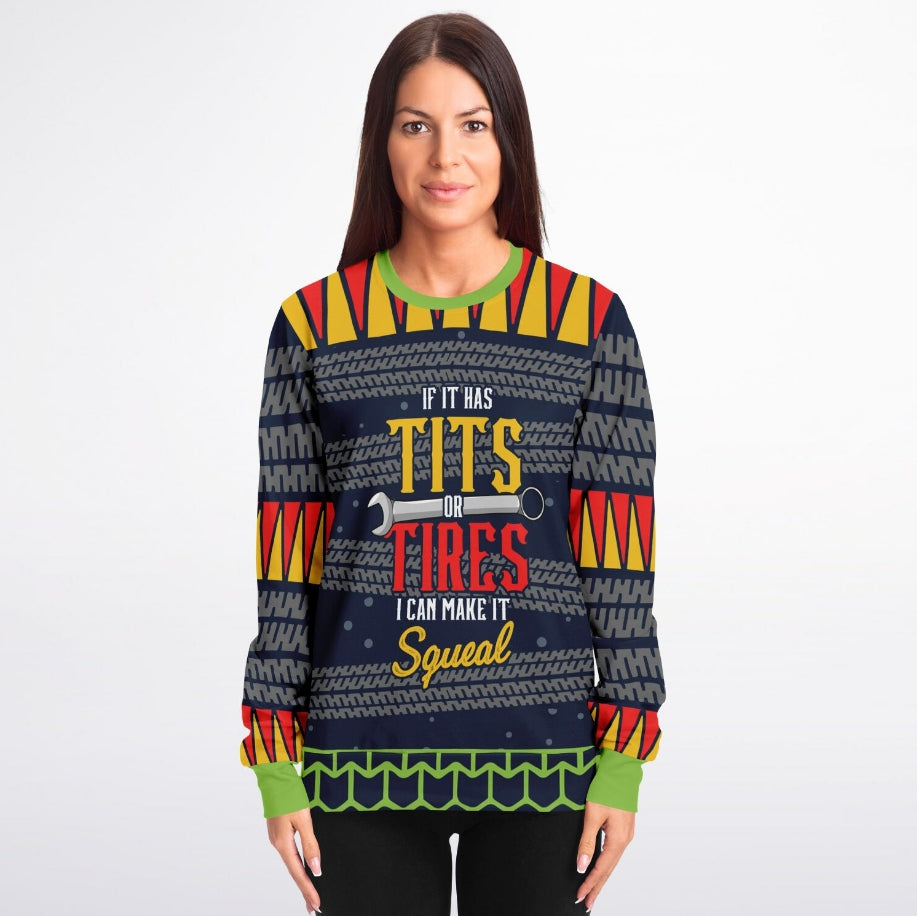Tits or Tires Squeal Ugly Christmas Sweatshirt A Christmas Sweater Gifts For Men - Zillykick