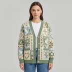 Woman wearing the dove and floral patchwork cardigan