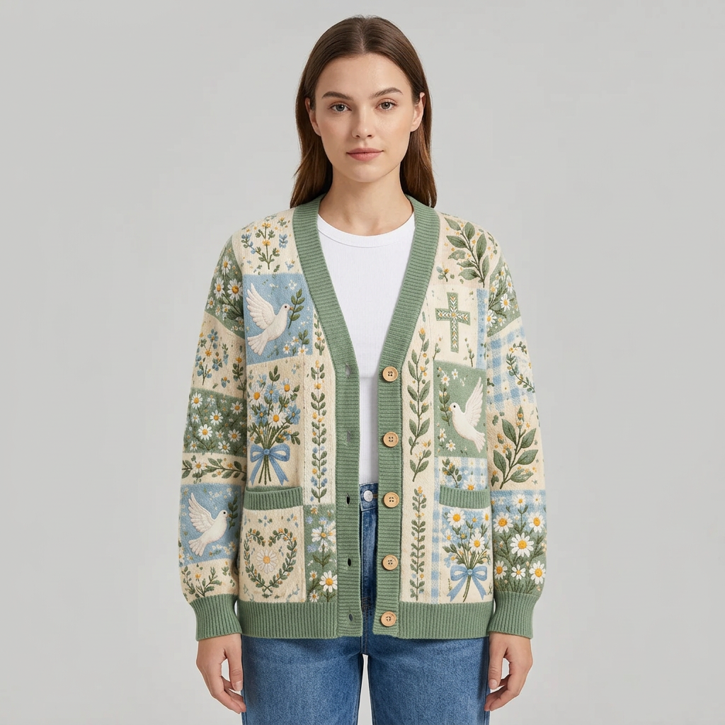 Woman wearing the dove and floral patchwork cardigan