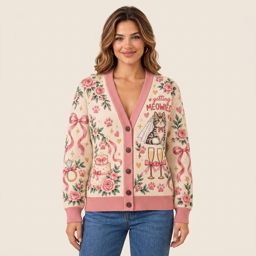 Woman wearing your cream and pink cardigan